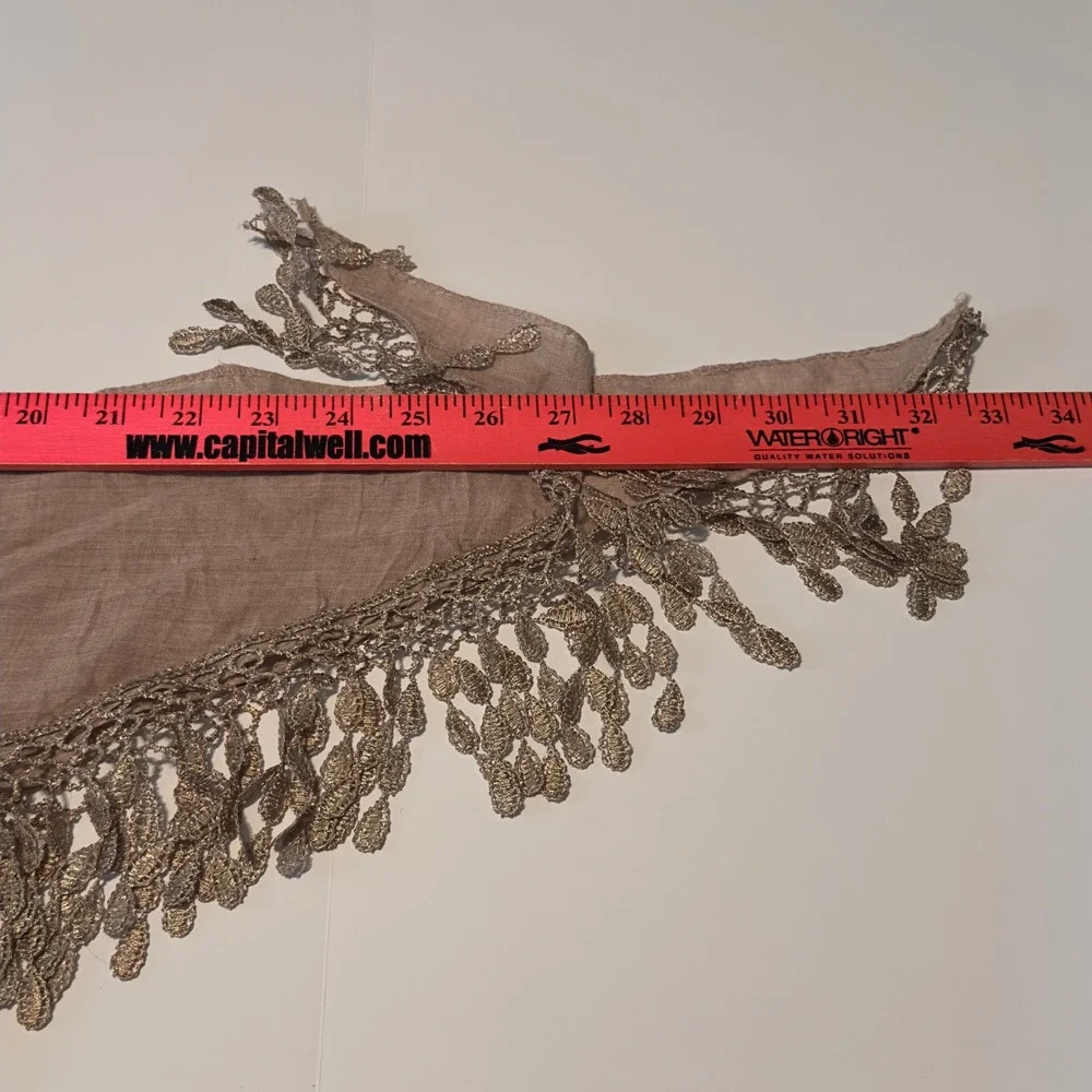 Miss Scarf QQ Triangle Wrap Taupe Lace Floral Fringe Boho Shawl OS Metallic Leaf